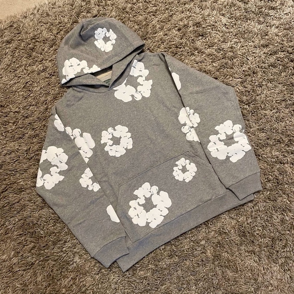 Gray Hoodie with White Floral Print